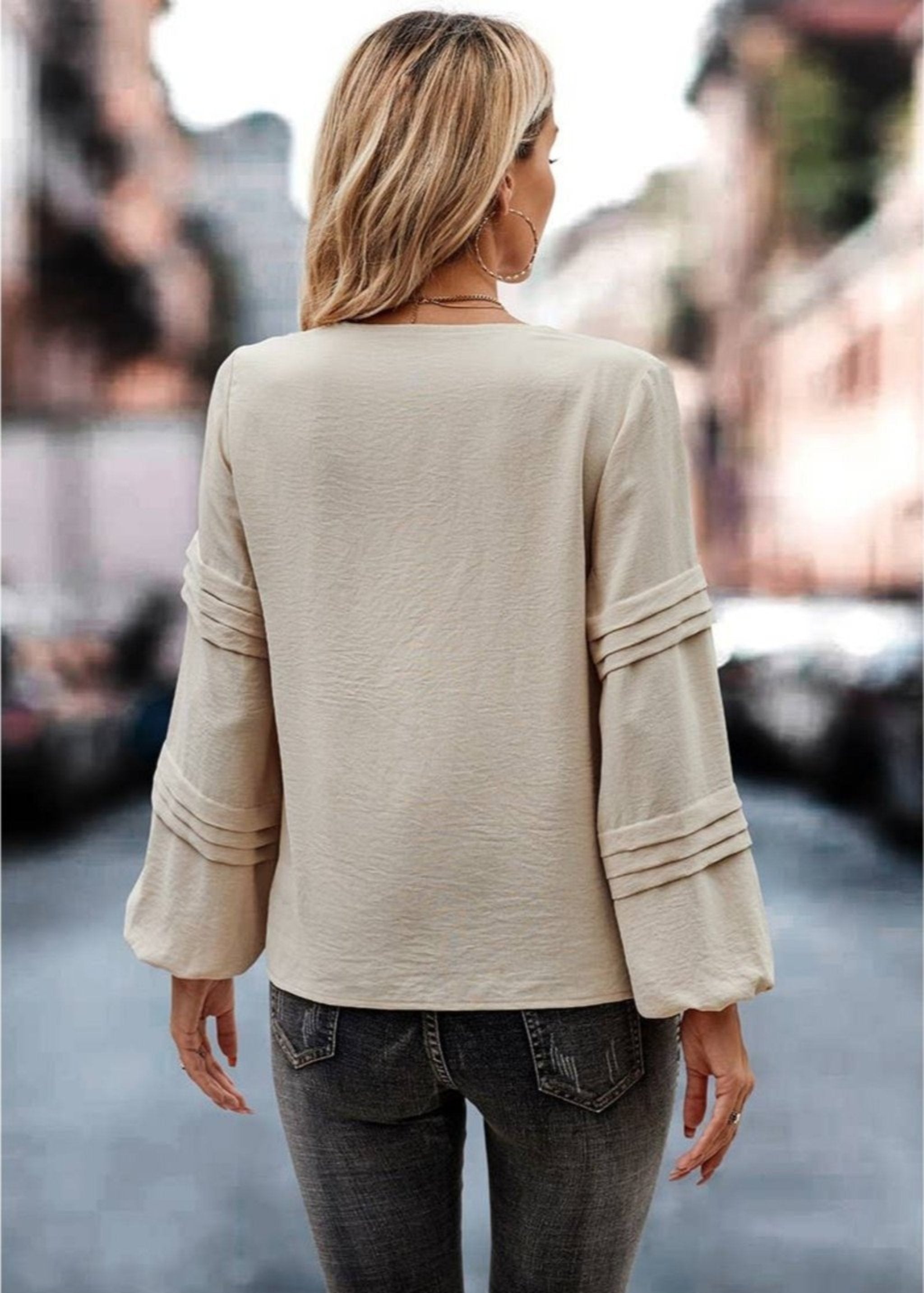 Button Ruched Sleeves Loose Solid V Neck Blouse