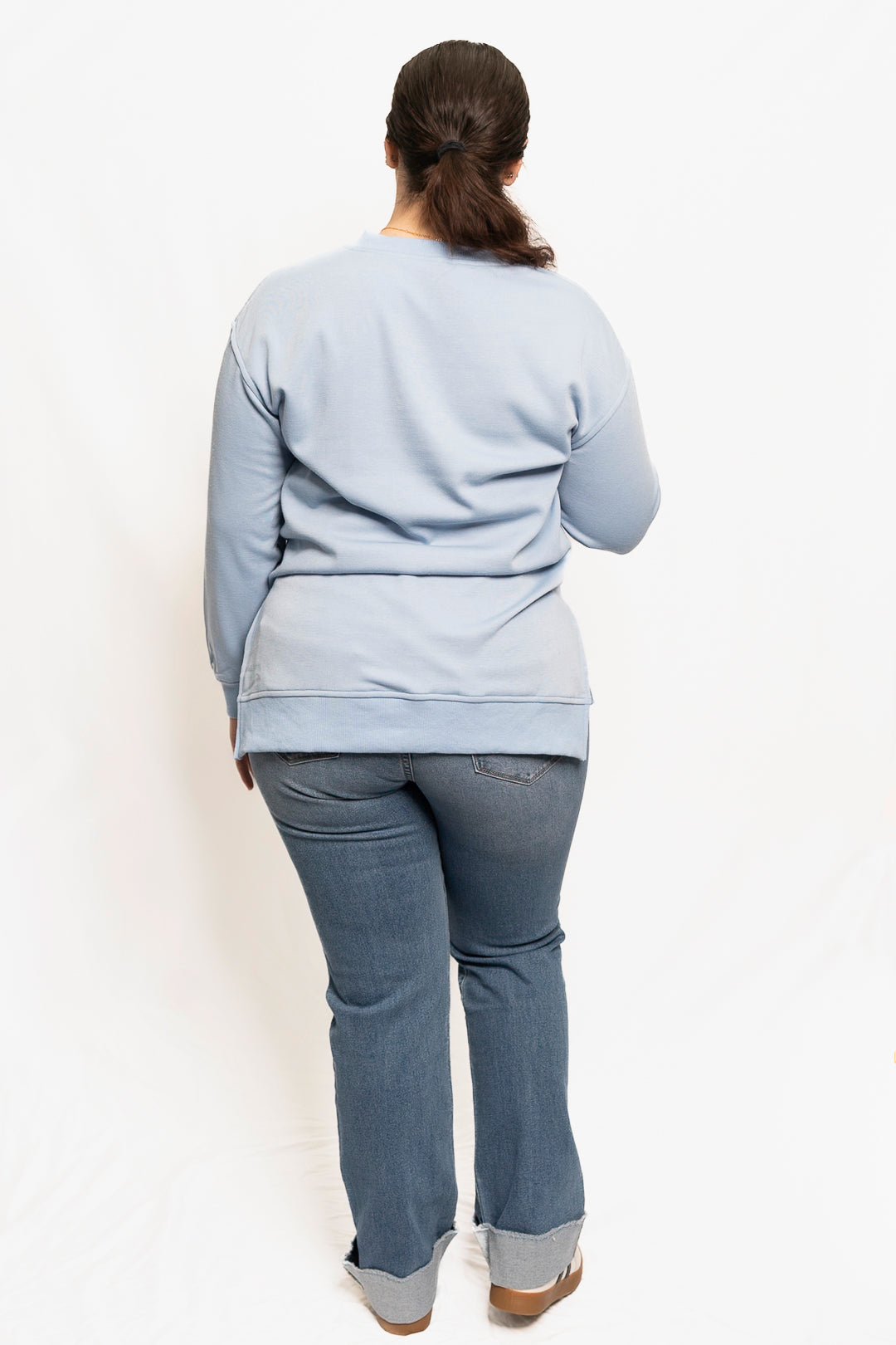 Solid V-neck Split Front Short Back Long Women's Tops
