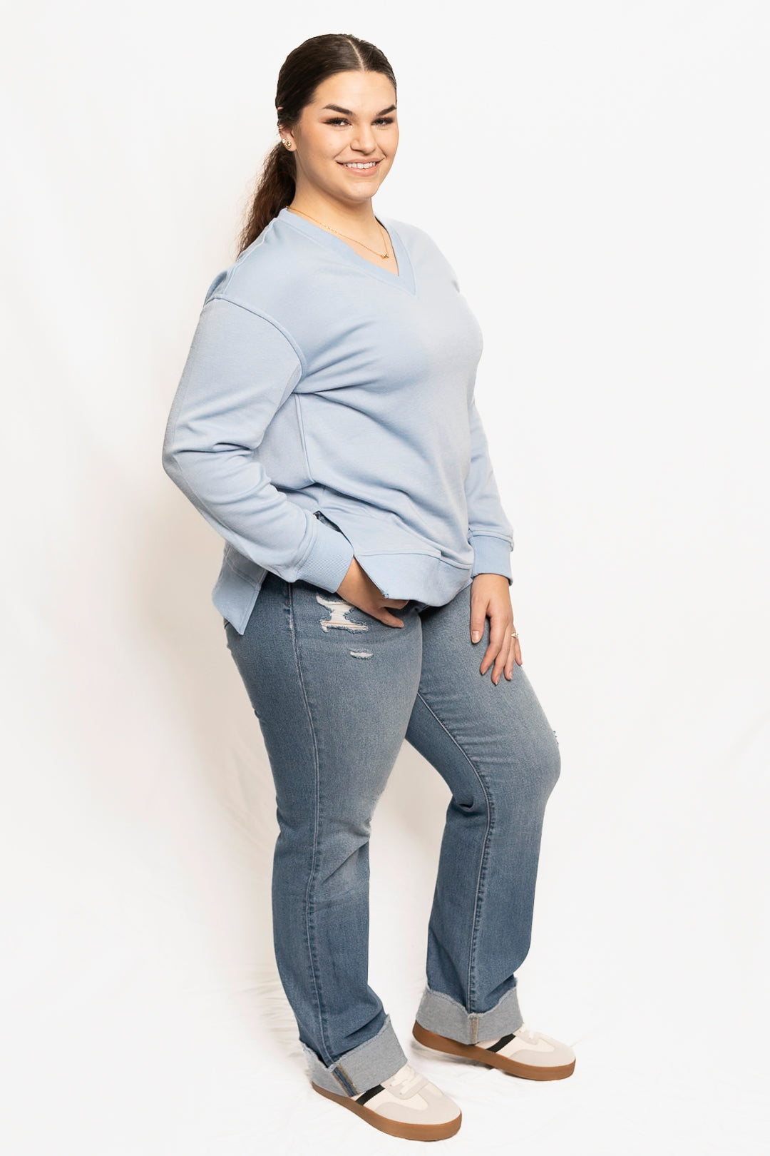 Solid V-neck Split Front Short Back Long Women's Tops