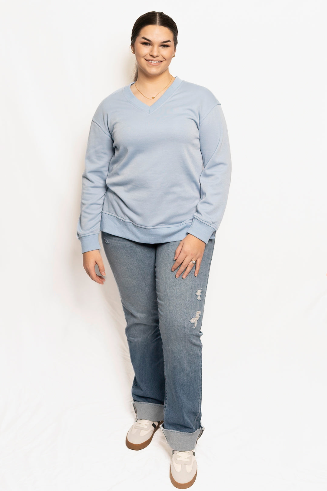 Solid V-neck Split Front Short Back Long Women's Tops
