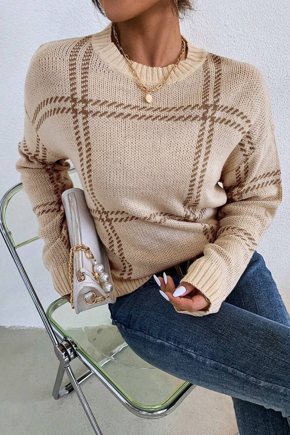 Plaid Drop Shoulder Crewneck Sweater