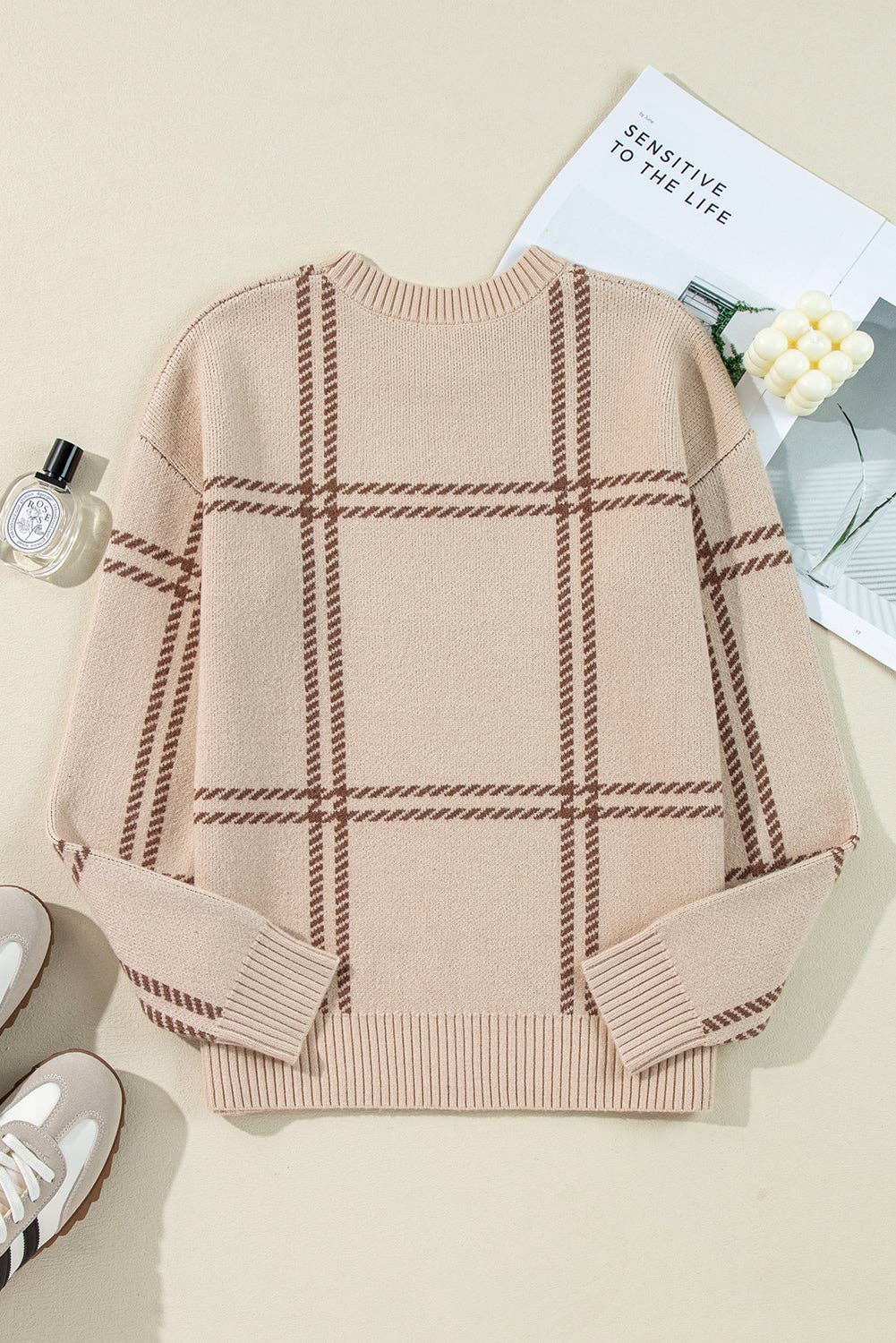 Plaid Drop Shoulder Crewneck Sweater
