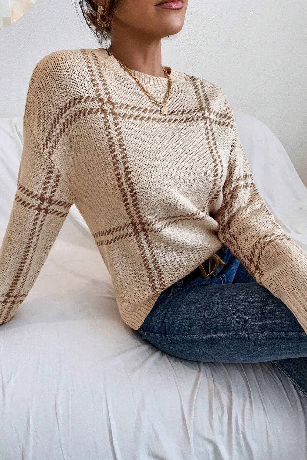 Plaid Drop Shoulder Crewneck Sweater