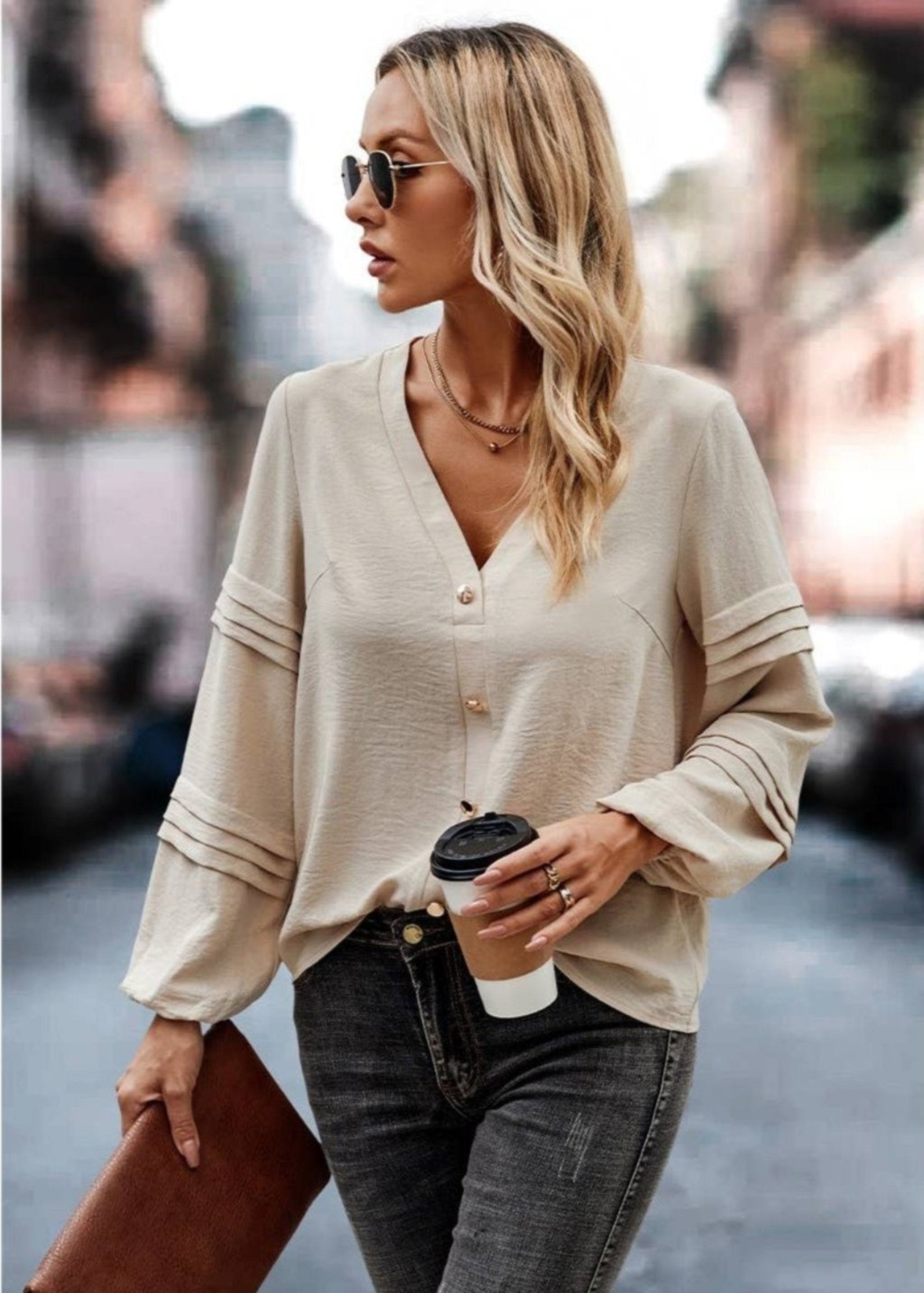 Button Ruched Sleeves Loose Solid V Neck Blouse