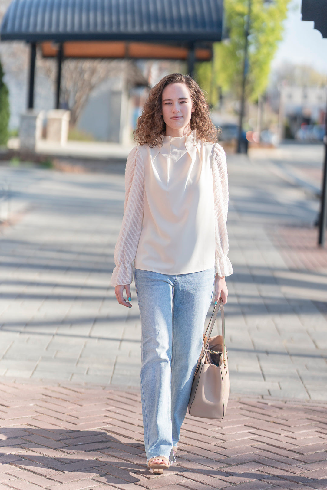 Chiffon Long Puff Sleeve Mock Neck Blouse