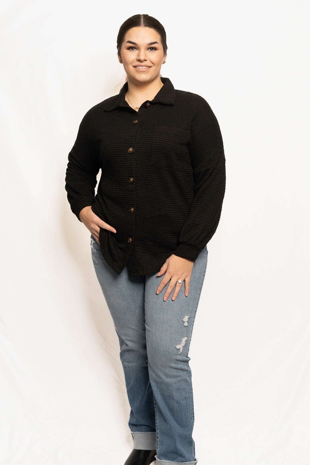 Waffle Knit Button Up Casual Shirt
