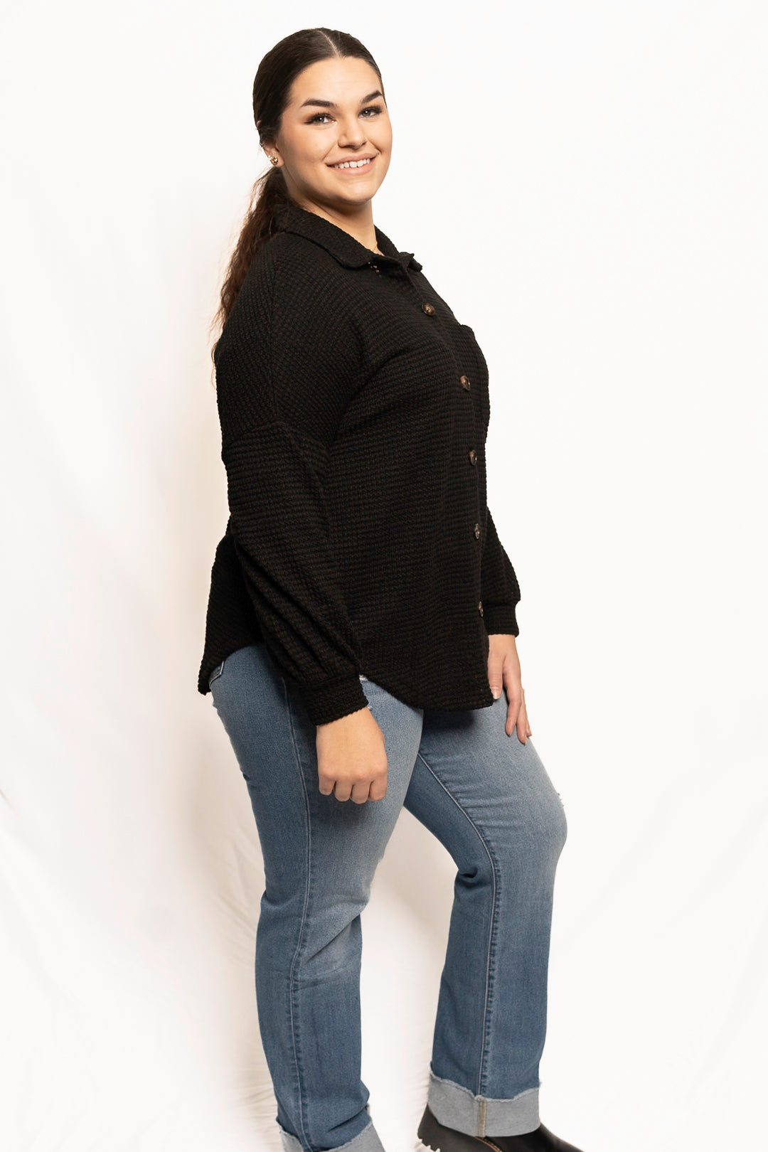 Waffle Knit Button Up Casual Shirt