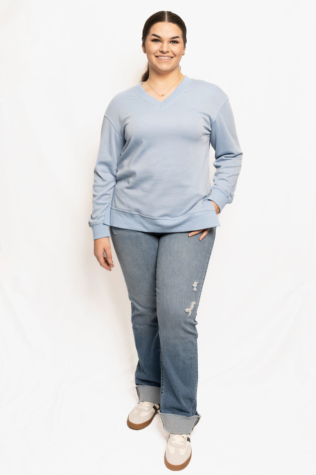 Solid V-neck Split Front Short Back Long Women's Tops