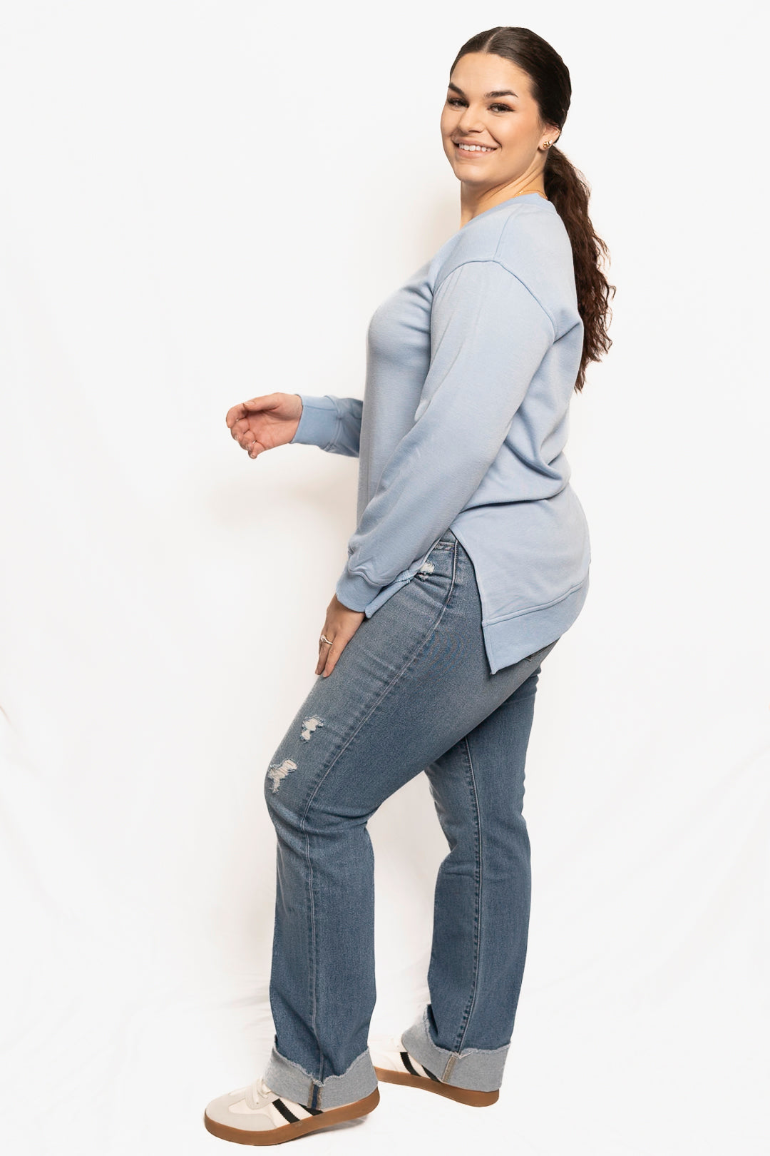 Solid V-neck Split Front Short Back Long Women's Tops