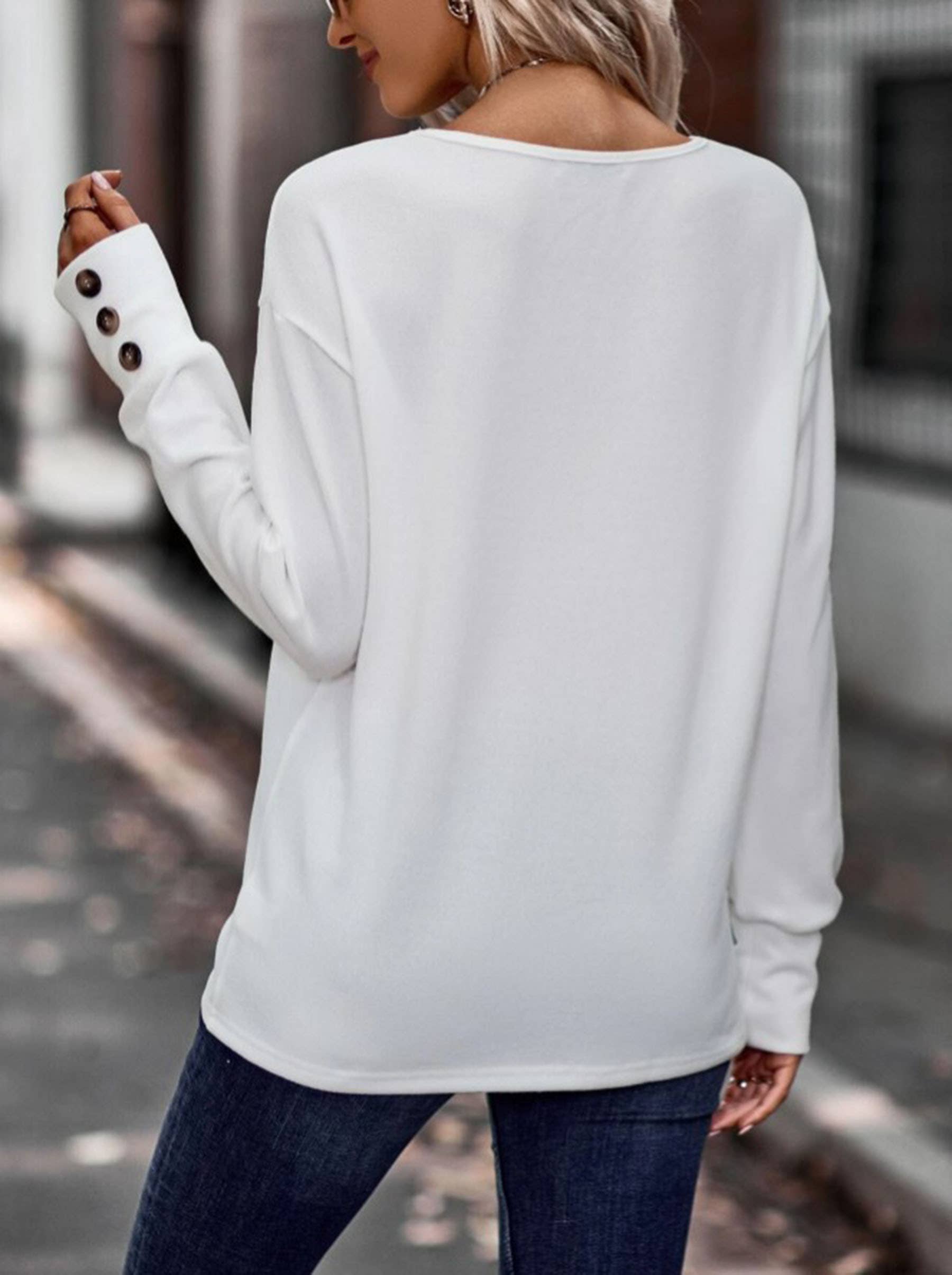 Solid V-Neck Loose Long Sleeve Top